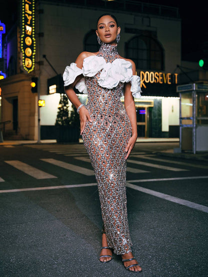 Liora Flower Sequin Crystal Maxi Dress