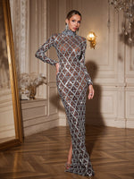 Liora Long Sleeve Sequin Crystal Maxi Dress In Black