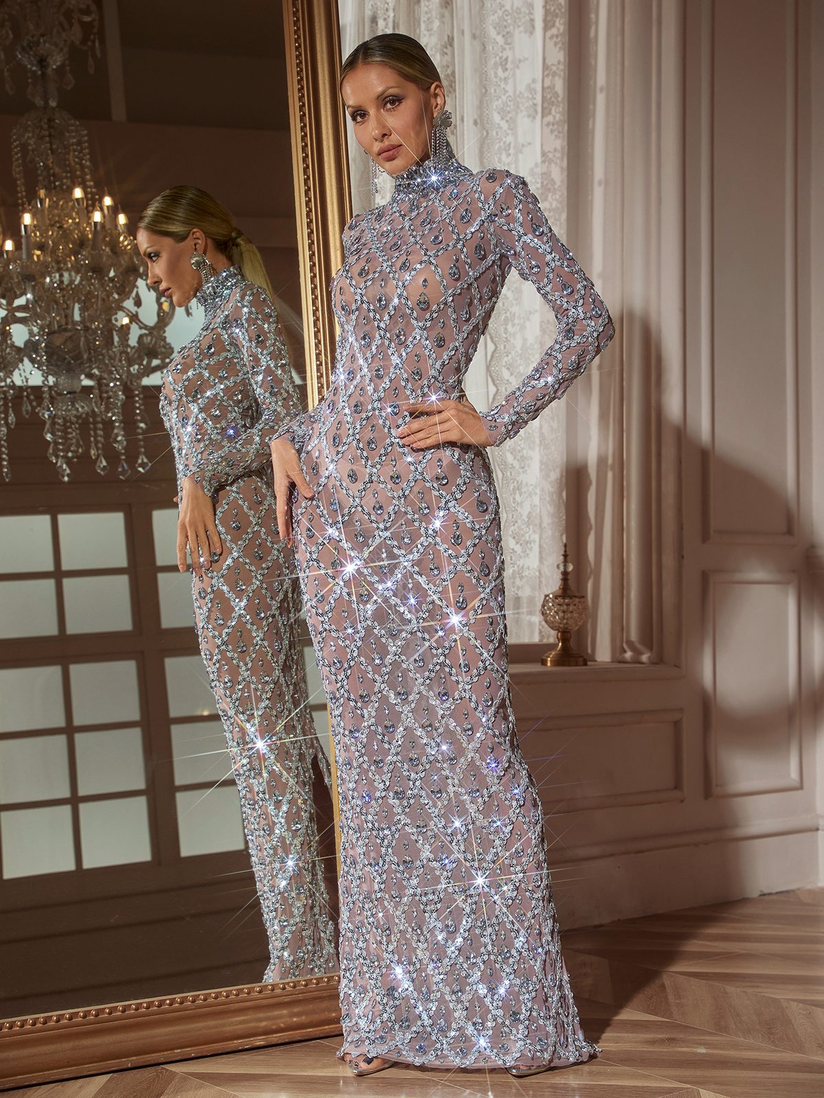 Liora Long Sleeve Sequin Crystal Maxi Dress In Silver