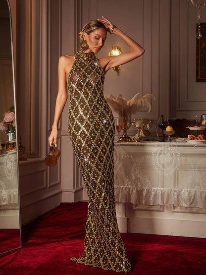 Liora Sequin Crystal Maxi Dress In Gold