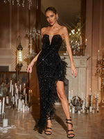 Lois Strapless Sequin Feather Trimmed Maxi Dress In Black