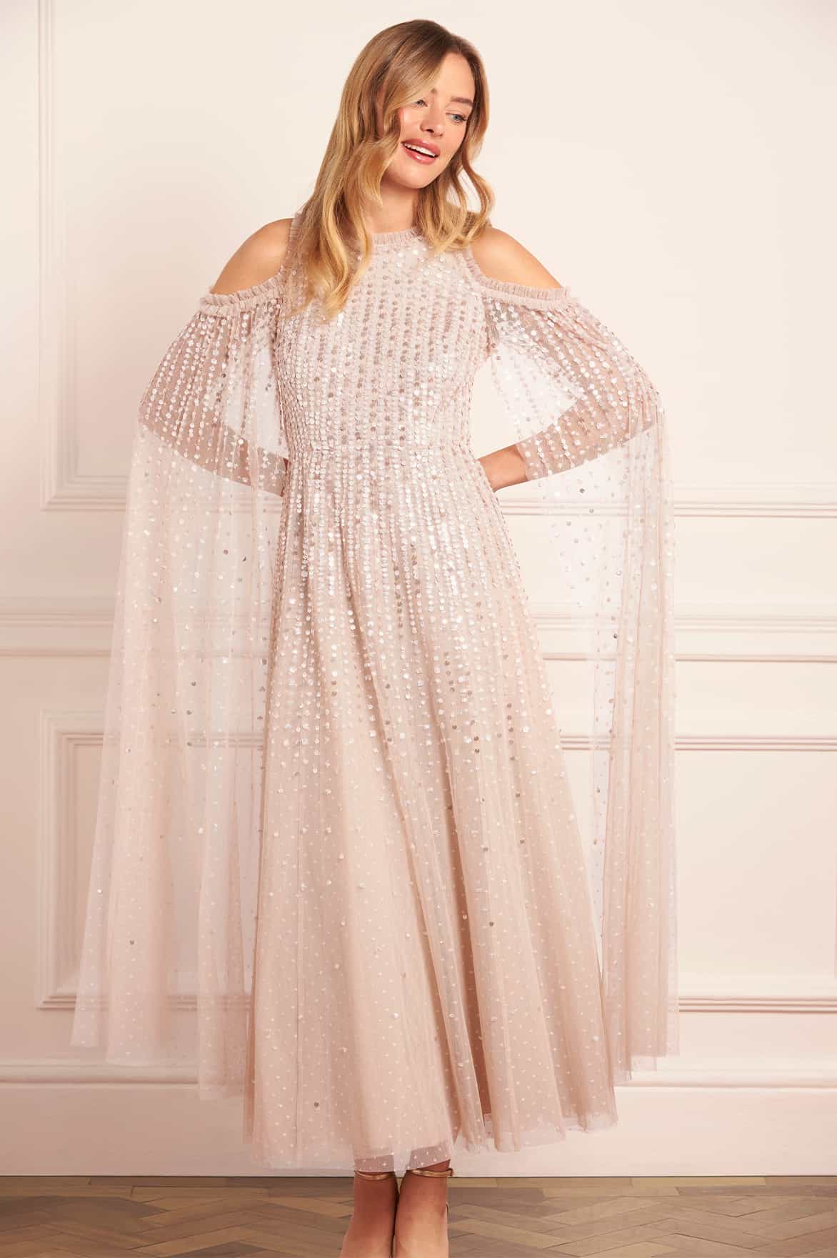 Moonlight Sequin Cape Sleeve Ankle Gown
