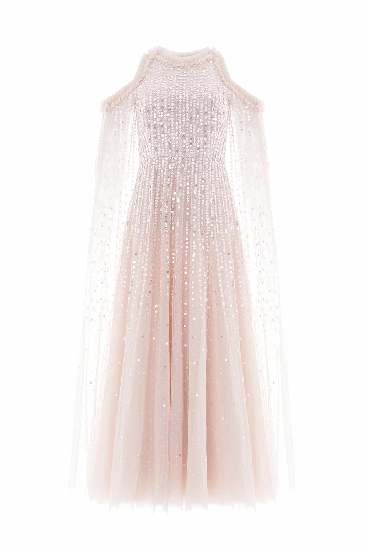 Moonlight Sequin Cape Sleeve Ankle Gown