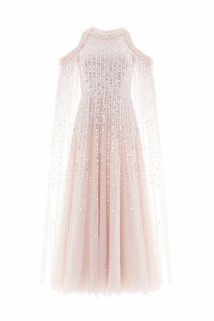 Moonlight Sequin Cape Sleeve Ankle Gown