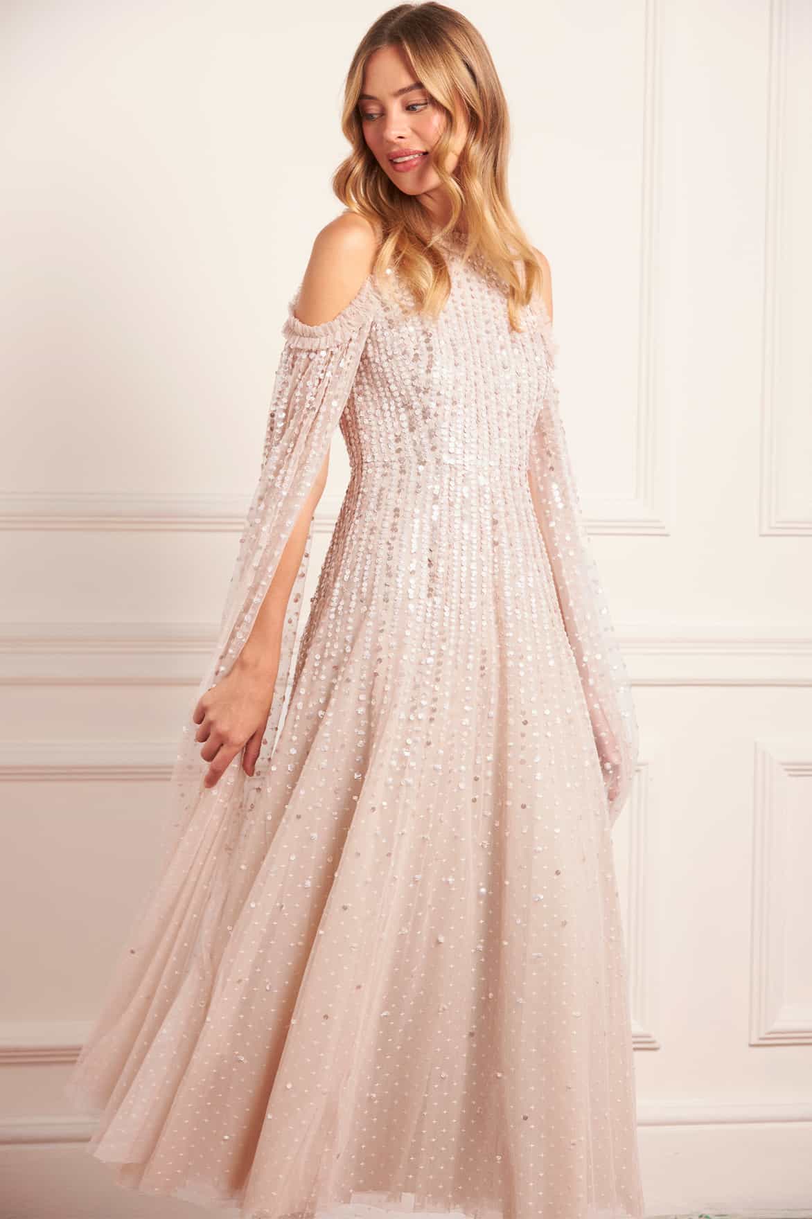 Moonlight Sequin Cape Sleeve Ankle Gown