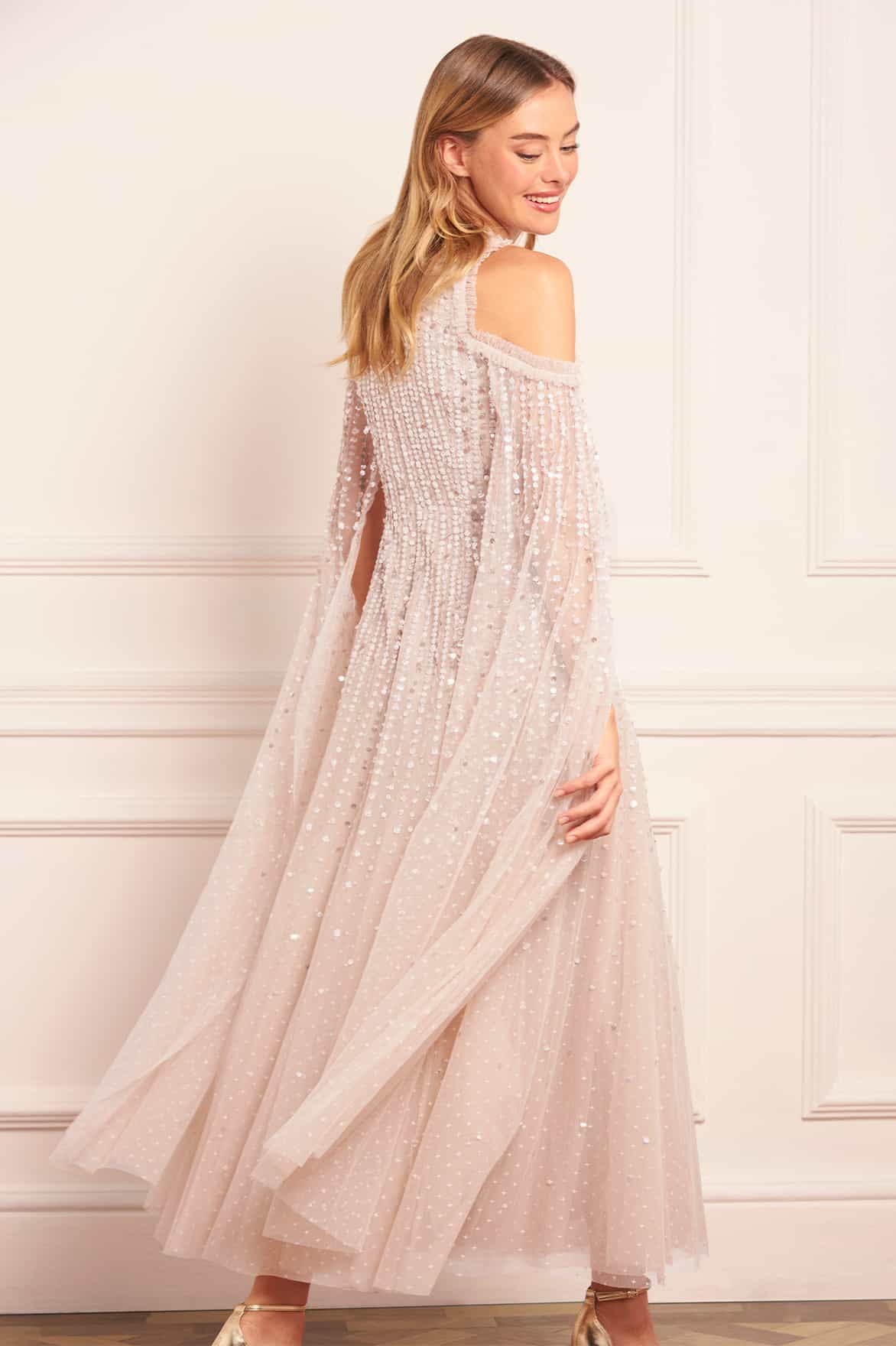Moonlight Sequin Cape Sleeve Ankle Gown
