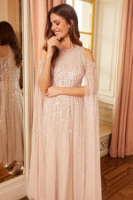 Moonlight Sequin Cape Sleeve Ankle Gown