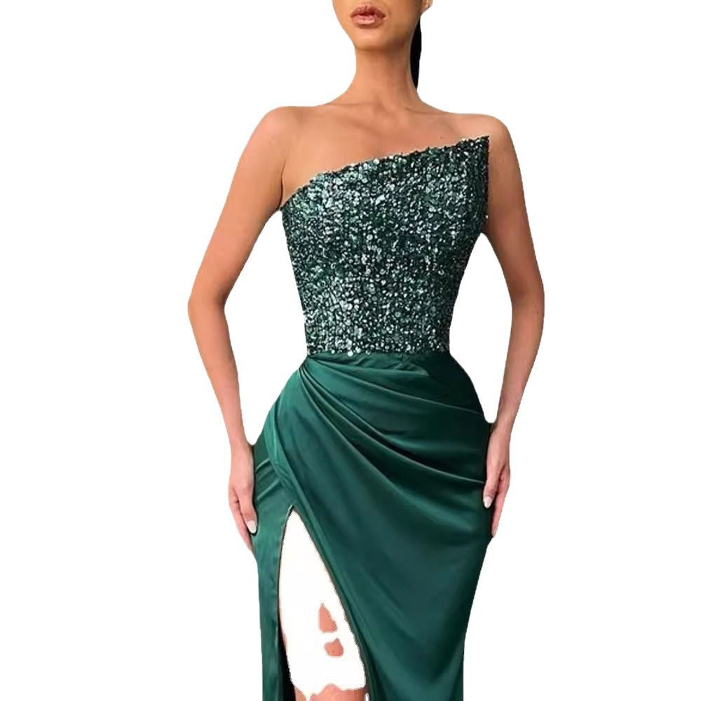 Sequined Fairy Long Sleeveless Fashionable Dress, Elegant Mid-Length Evening Gown