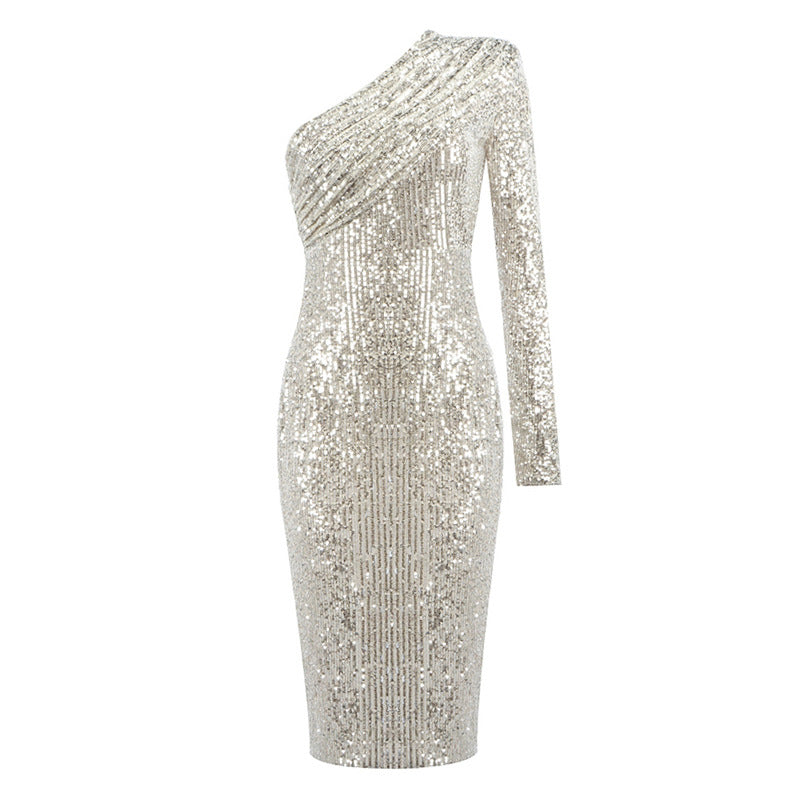 One-shoulder sequined long-sleeved dress with a fitted waist, evening gown