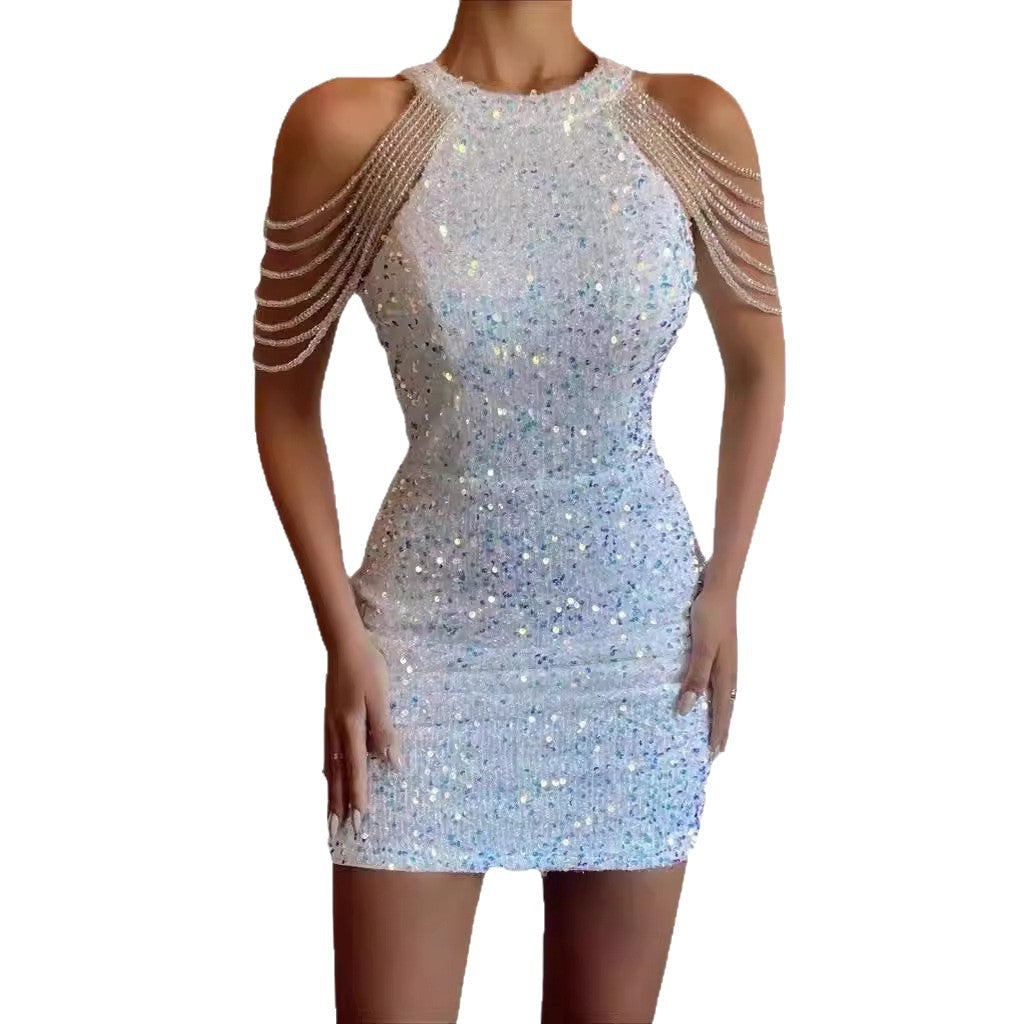 Crystal chain European and American style dress evening gown