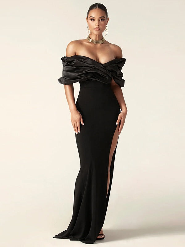Raglan backless slit fitted long dress evening gown