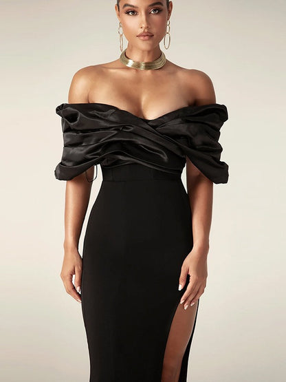 Raglan backless slit fitted long dress evening gown