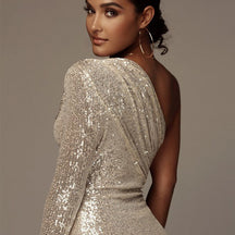 One-shoulder sequined long-sleeved dress with a fitted waist, evening gown
