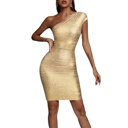 Gold-stamped bandage bodycon dress, off-shoulder evening gown
