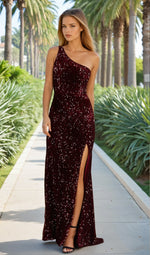 Long Velvet-Sequin One-Shoulder Prom Dress