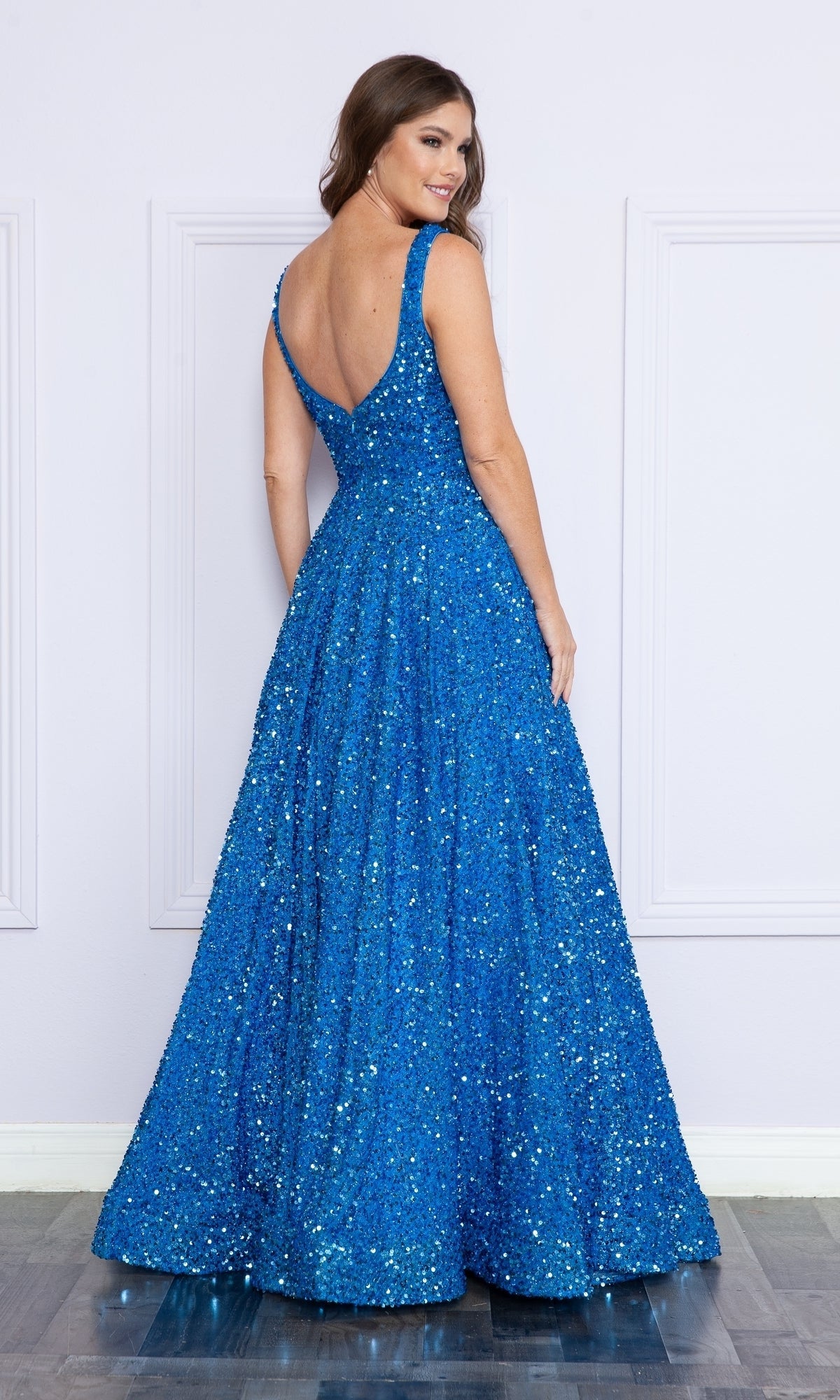 Velvet-Sequin Long A-Line Prom Gown: Poly USA 9106