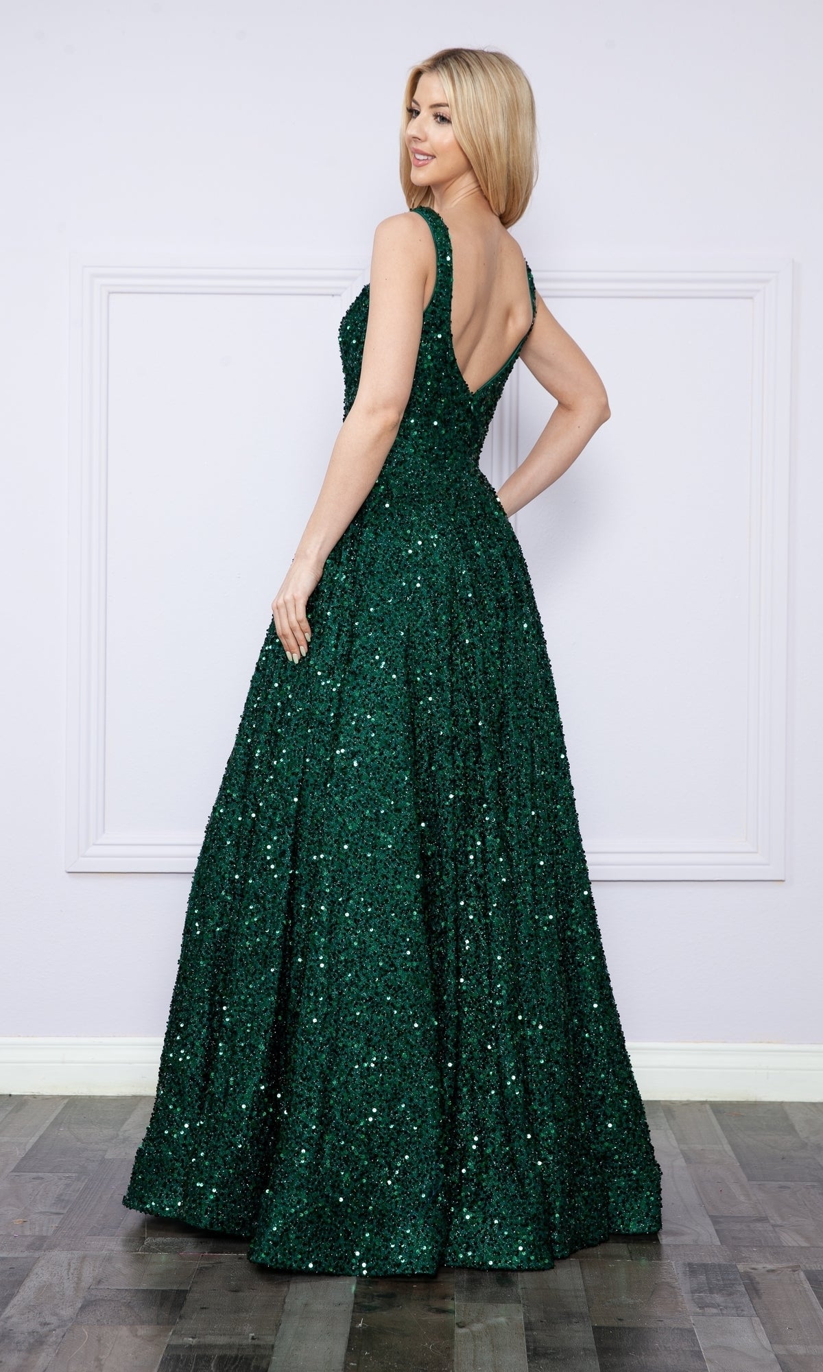 Velvet-Sequin Long A-Line Prom Gown: Poly USA 9106