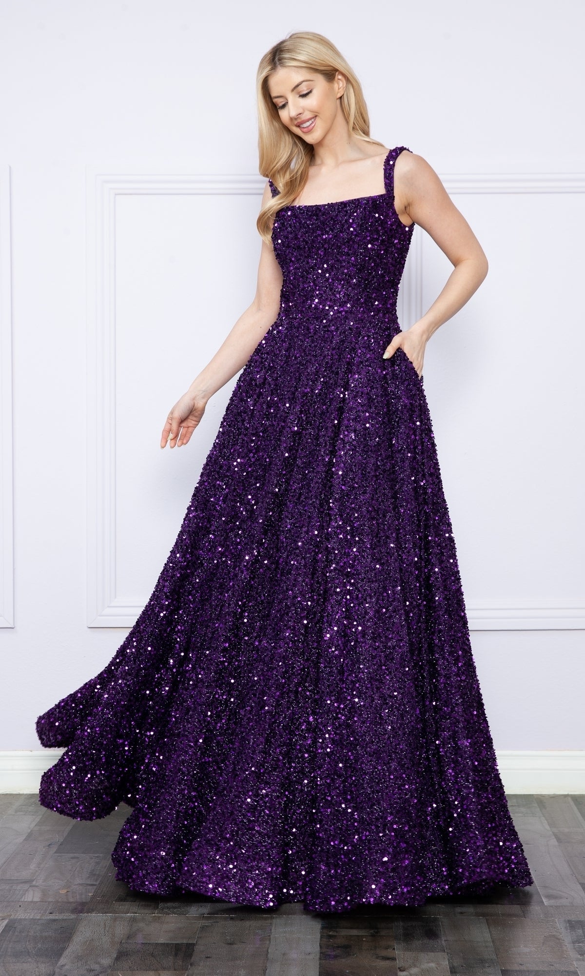 Velvet-Sequin Long A-Line Prom Gown: Poly USA 9106