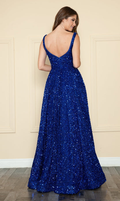 Velvet-Sequin Long A-Line Prom Gown: Poly USA 9106