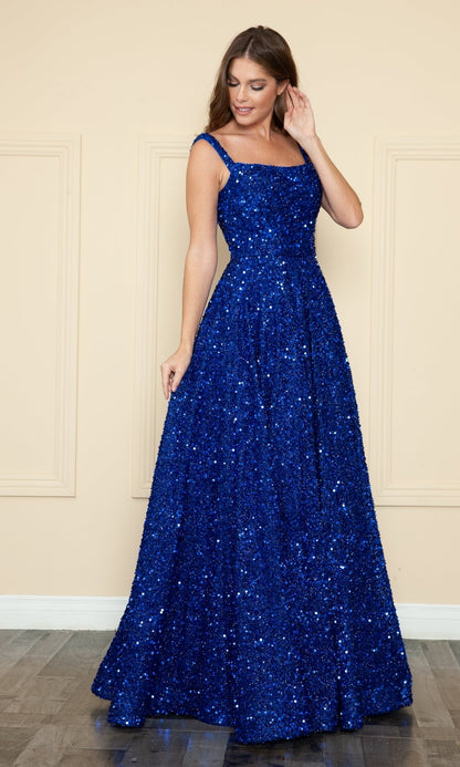 Velvet-Sequin Long A-Line Prom Gown: Poly USA 9106