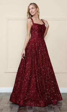 Velvet-Sequin Long A-Line Prom Gown: Poly USA 9106