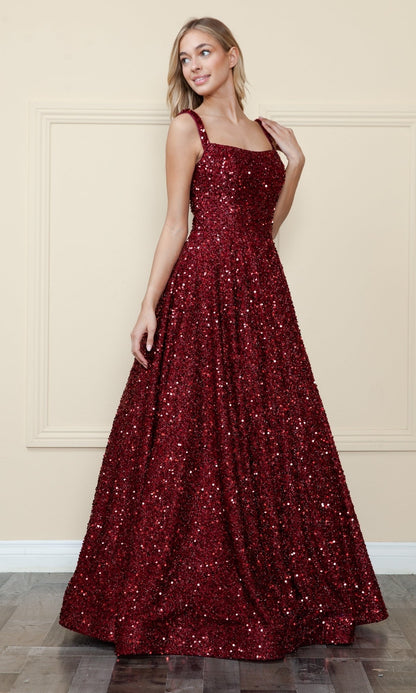 Velvet-Sequin Long A-Line Prom Gown: Poly USA 9106