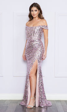 Off-Shoulder Long Sequin Corset Prom Dress 9150