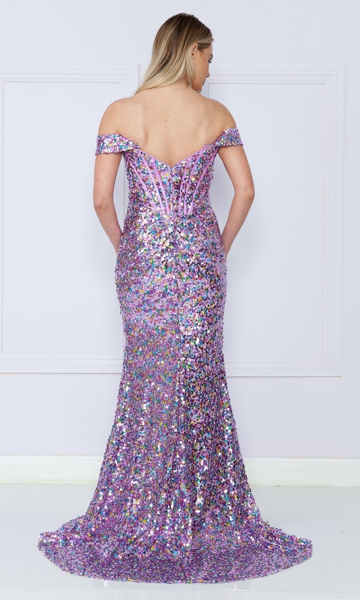Off-Shoulder Long Sequin Corset Prom Dress 9150