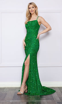 Open-Back Long Sequin-Velvet Prom Dress 9158
