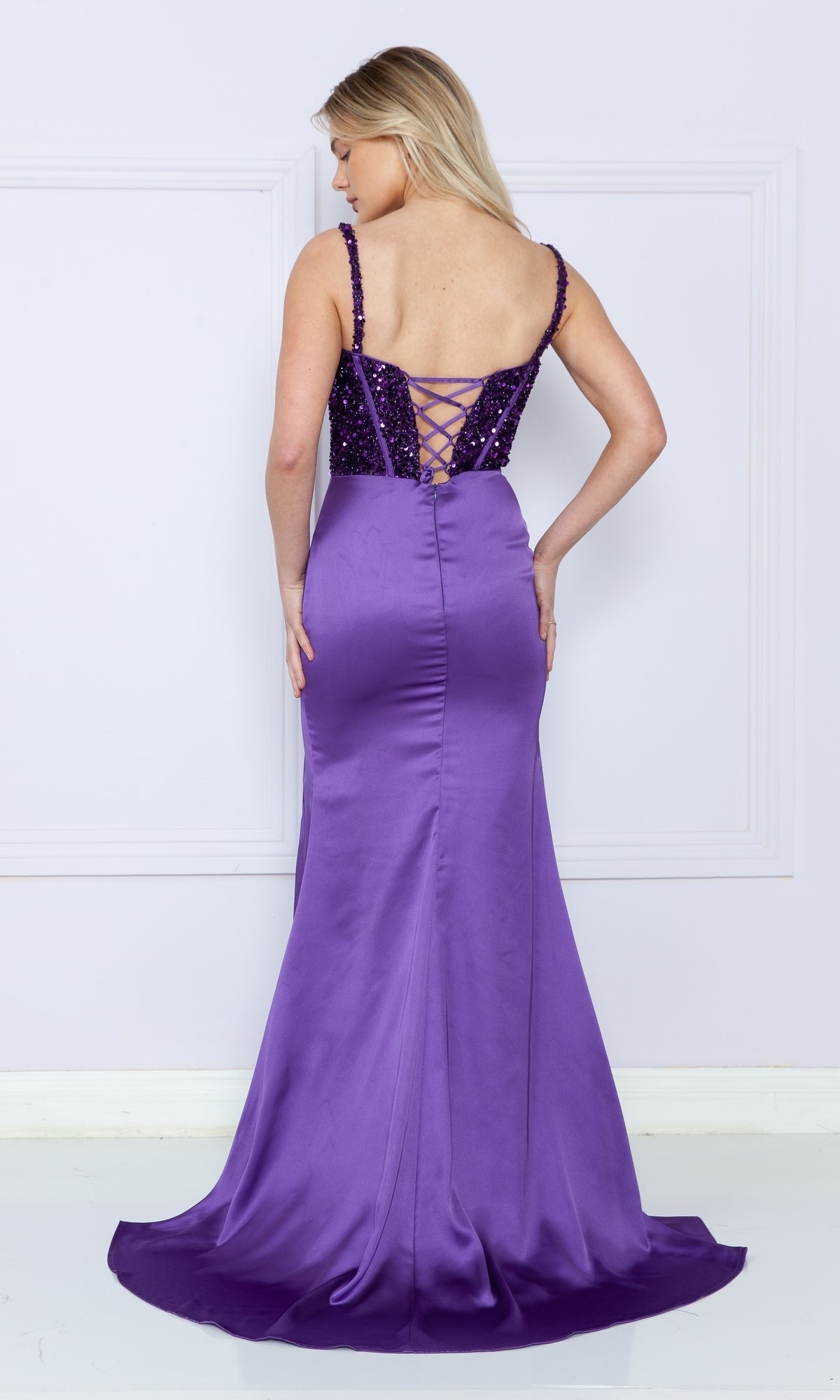 Lace-Up Sequin-Bodice Long Satin Prom Dress 9176