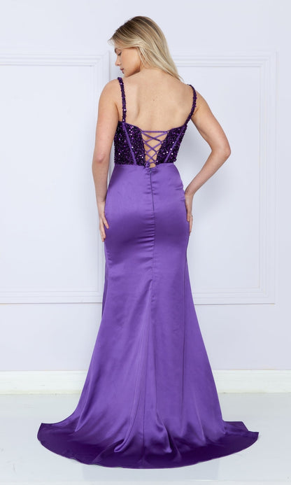 Lace-Up Sequin-Bodice Long Satin Prom Dress 9176