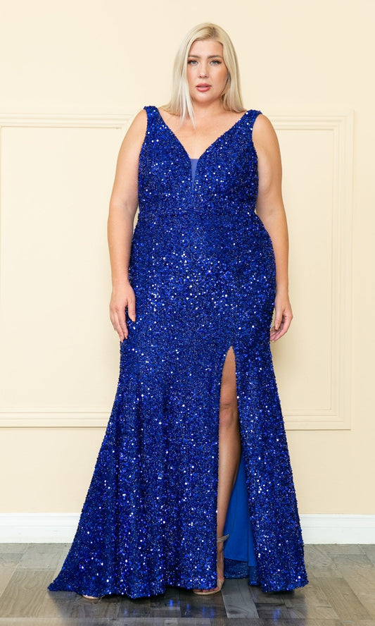 Velvet-Sequin Plus-Size Long Prom Dress W1122
