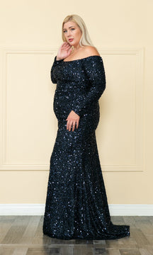 Long Sleeve Plus-Size Long Sequin Prom Dress W8876
