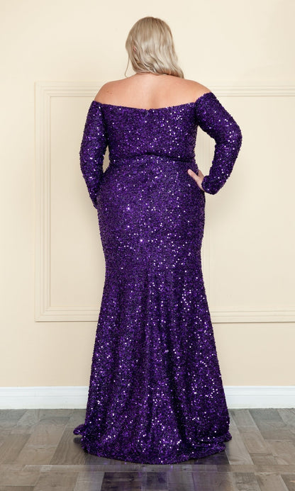 Long Sleeve Plus-Size Long Sequin Prom Dress W8876