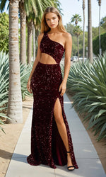 PromGirl Side Cut-Out Dark Red Sequin Prom Dress