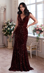 PromGirl Deep V-Neck Red Long Sequin Prom Dress