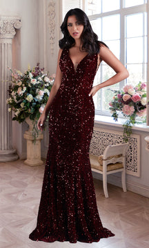 PromGirl Deep V-Neck Red Long Sequin Prom Dress