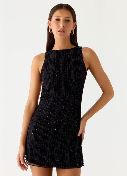 Portofino Sparkle Mesh Mini Dress - Black