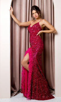 Long Sequin Prom Dress with Feather Trim