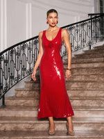 Radana Plunge Neck Flower Sequin Dress In Red