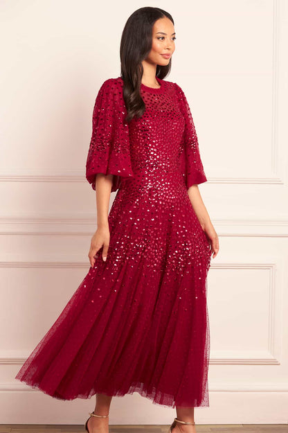 Scallop Sequin Round Neck Ankle Gown
