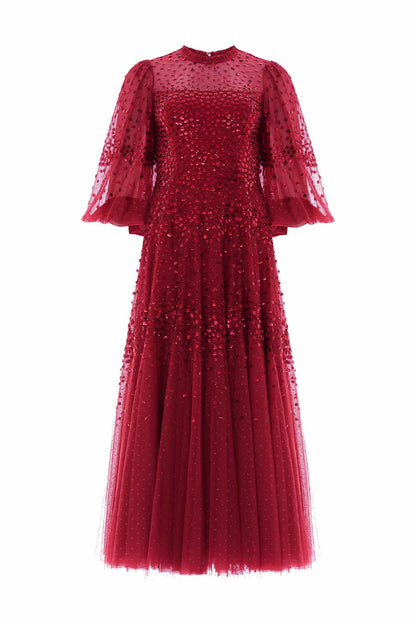 Scallop Sequin Round Neck Ankle Gown