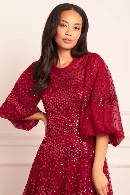 Scallop Sequin Round Neck Ankle Gown