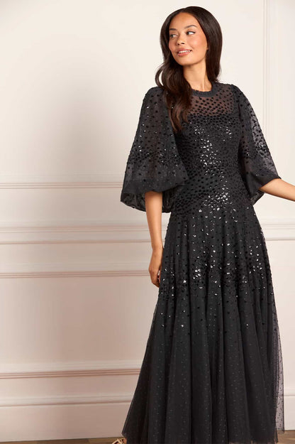 Scallop Sequin Round Neck Ankle Gown