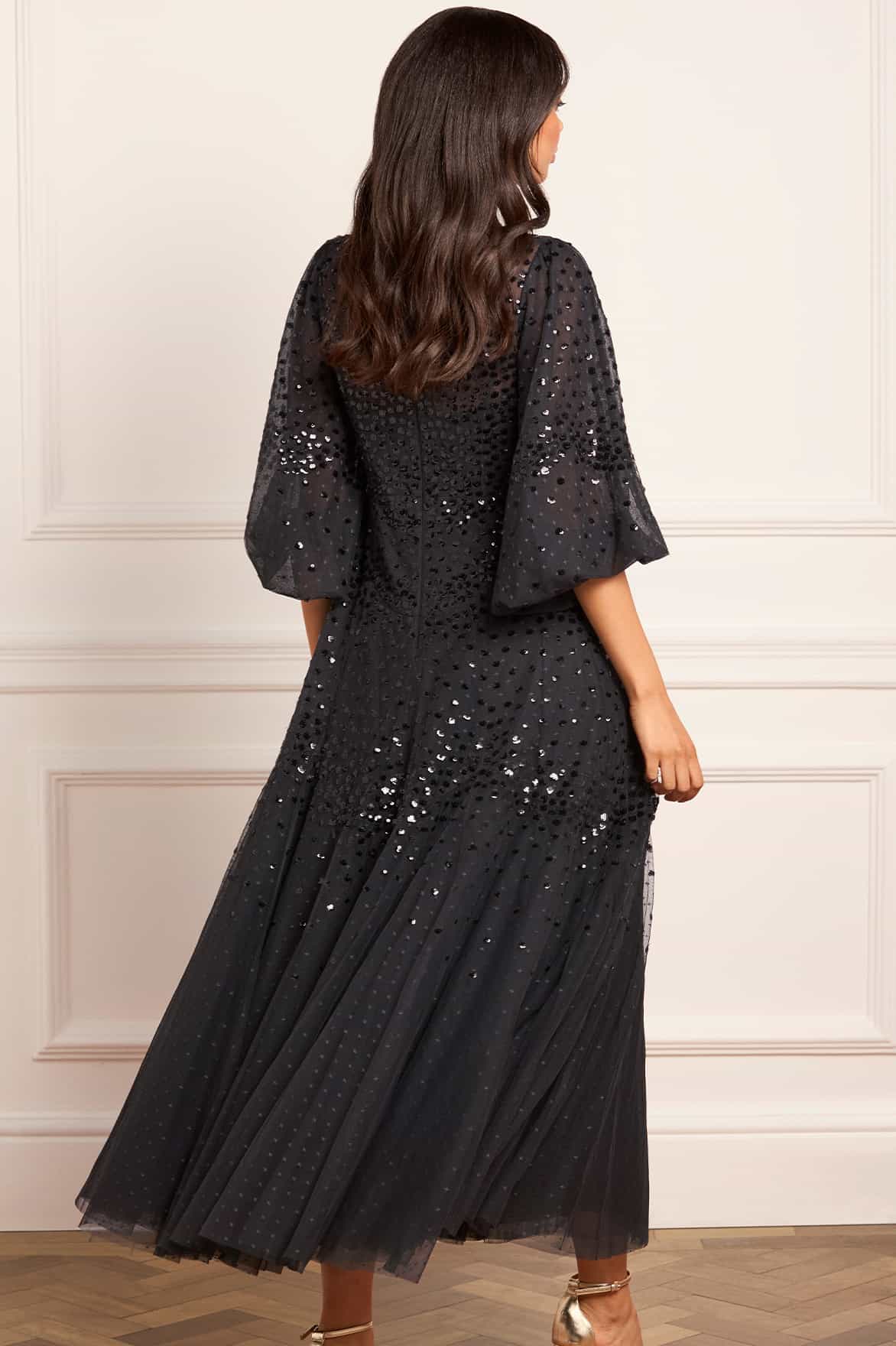 Scallop Sequin Round Neck Ankle Gown
