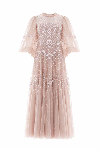 Scallop Sequin Round Neck Ankle Gown