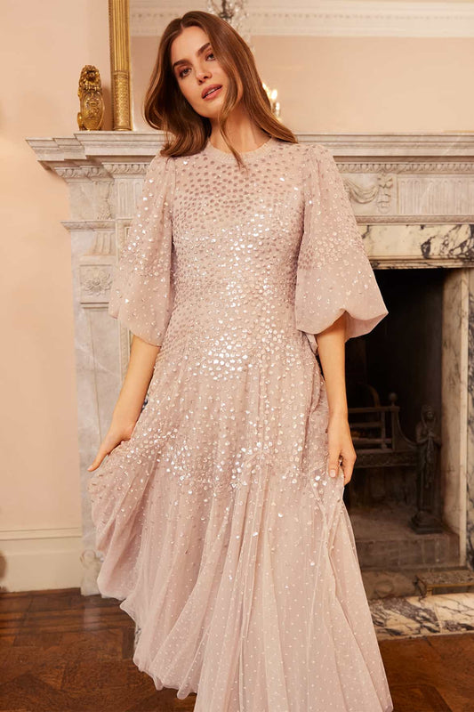 Scallop Sequin Round Neck Ankle Gown