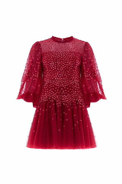Scallop Sequin Round Neck Micro Mini Dress