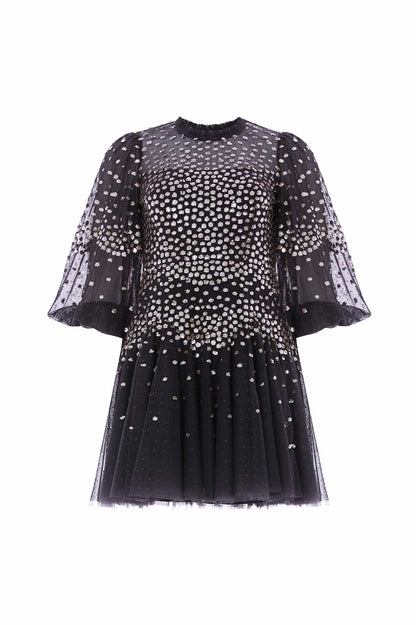 Scallop Sequin Round Neck Micro Mini Dress
