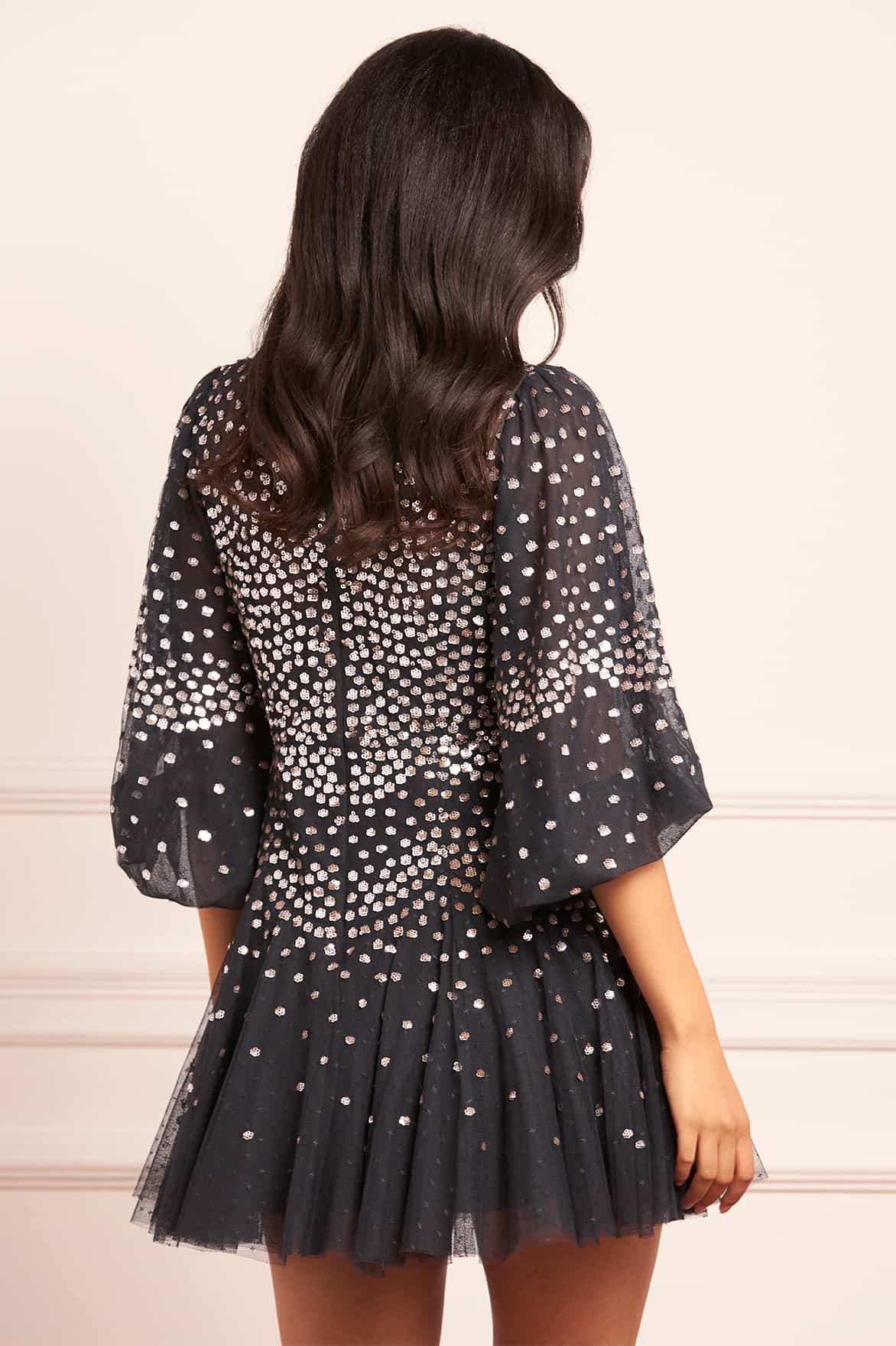 Scallop Sequin Round Neck Micro Mini Dress